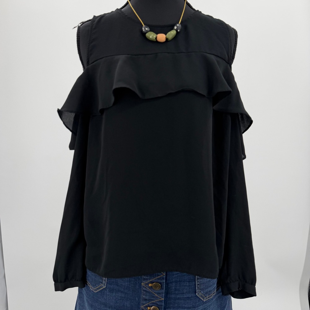 sheer black Romantic Ruffle Cold Shoulder blouse PS Parisian Office Siren Chic